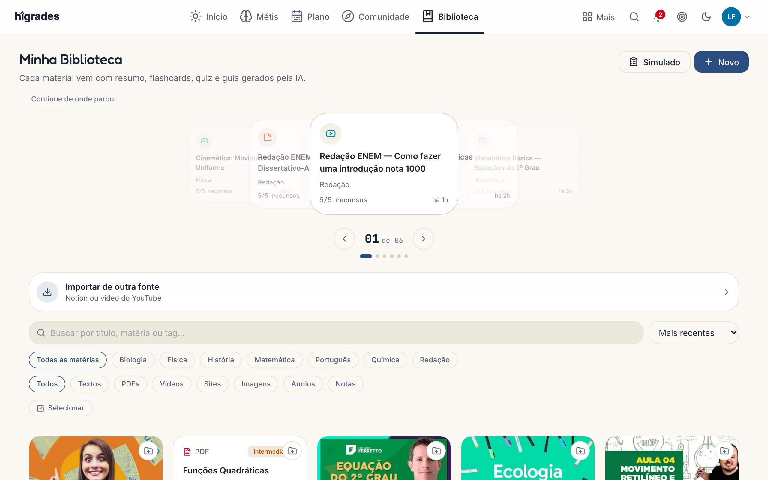 Biblioteca de materiais do higrades, com resumos, flashcards e quizzes gerados