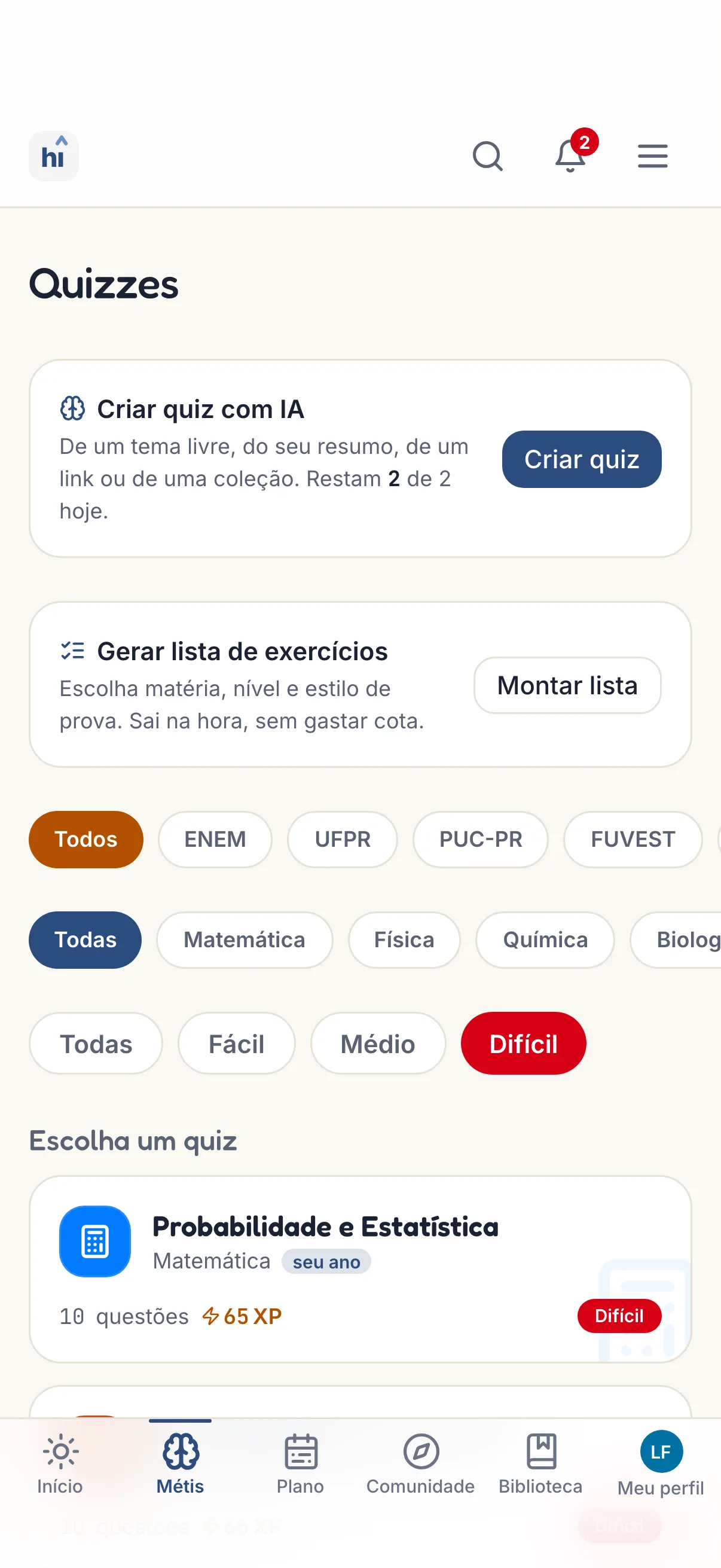 Lista de quizzes por matéria e dificuldade no celular